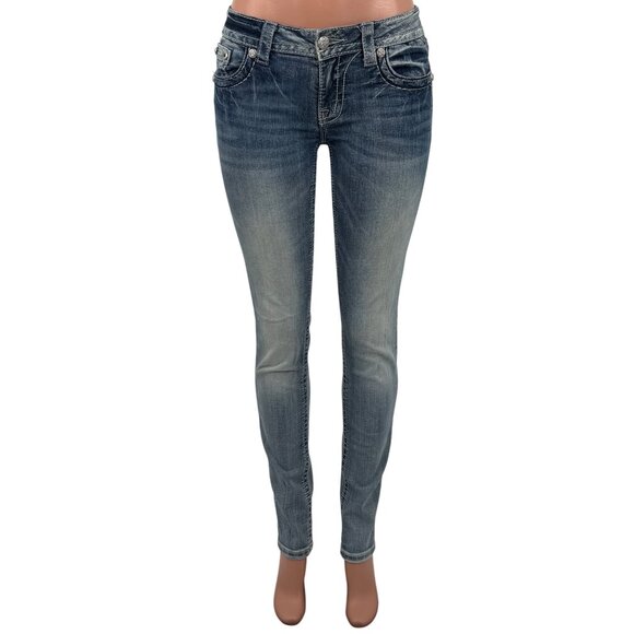 Miss Me Rhinestone Wing Distressed Skinny Jeans | McBling Y2K Early 2010s Tumblr - Picture 2 of 16